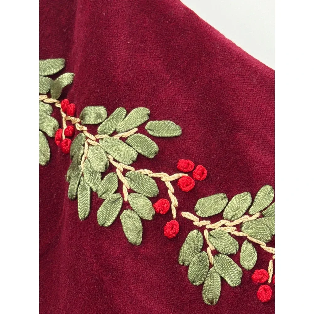 Vtg Burgundy Velvet Christmas Stocking Ribbon Embroidery Floral Red Green